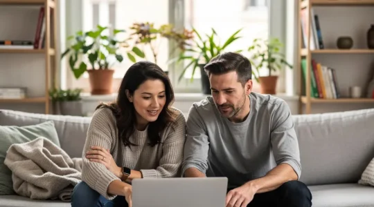 Couple français comparant les offres de courtiers immobiliers sur ordinateur portable
