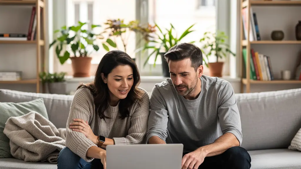 Couple français comparant les offres de courtiers immobiliers sur ordinateur portable